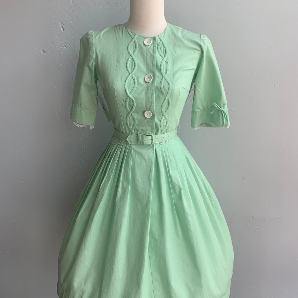 1950s VTG Deadstock Seafoam Green Shirtwaist Dress - Picture 2 of 7
